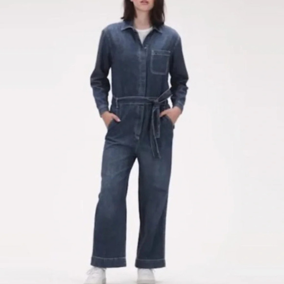 Gap blue denim work Jumpsuit Overalls wide leg tie belt size 4T tall - Picture 2 of 16